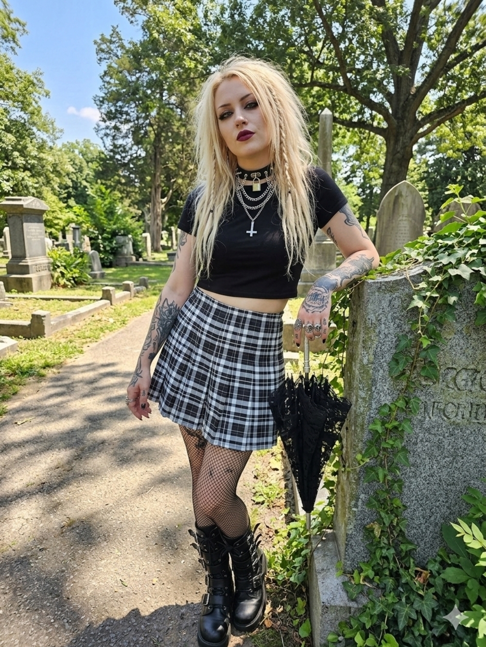 Plaid Black & White Pleated Skater Skirt - Women's
